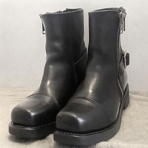 Harley Davidson Black Leather Square Toe Biker Boots Double Zip Platform Moto